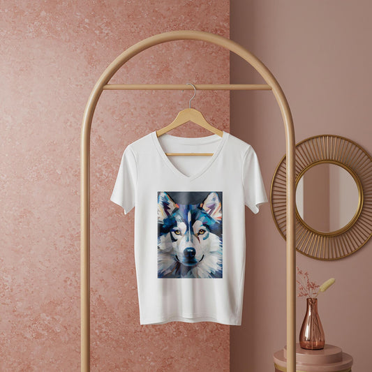 Unisex V-Neck Tee with Geometric Wolf Art | Modern Spirit Animal Shirt | Abstract Wildlife Design | Cool Blue & White Expressive Top
