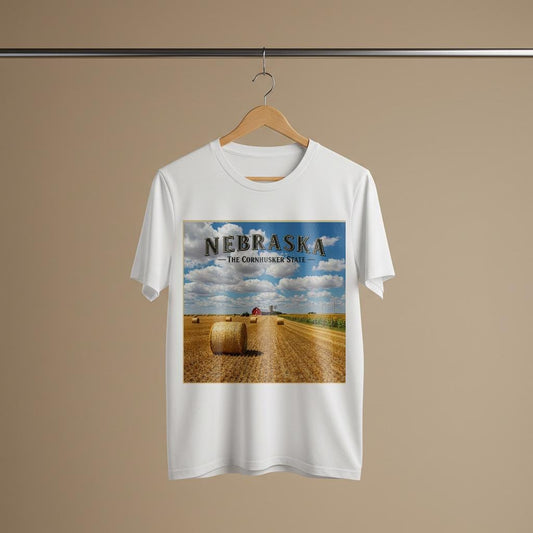 Nebraska Cornhusker State T-Shirt | Photorealistic Rural Landscape Farm Life Tee | Vintage Style State Pride Apparel | Unisex Garment Dyed