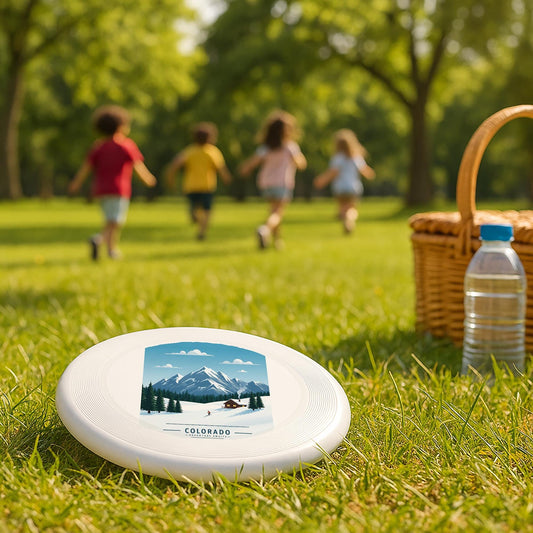 Colorado Skiing Mountain Frisbee | Retro Winter Landscape Wham-O Disc | Adventure Awaits Souvenir Gift for Skiers & Mountain Lovers.