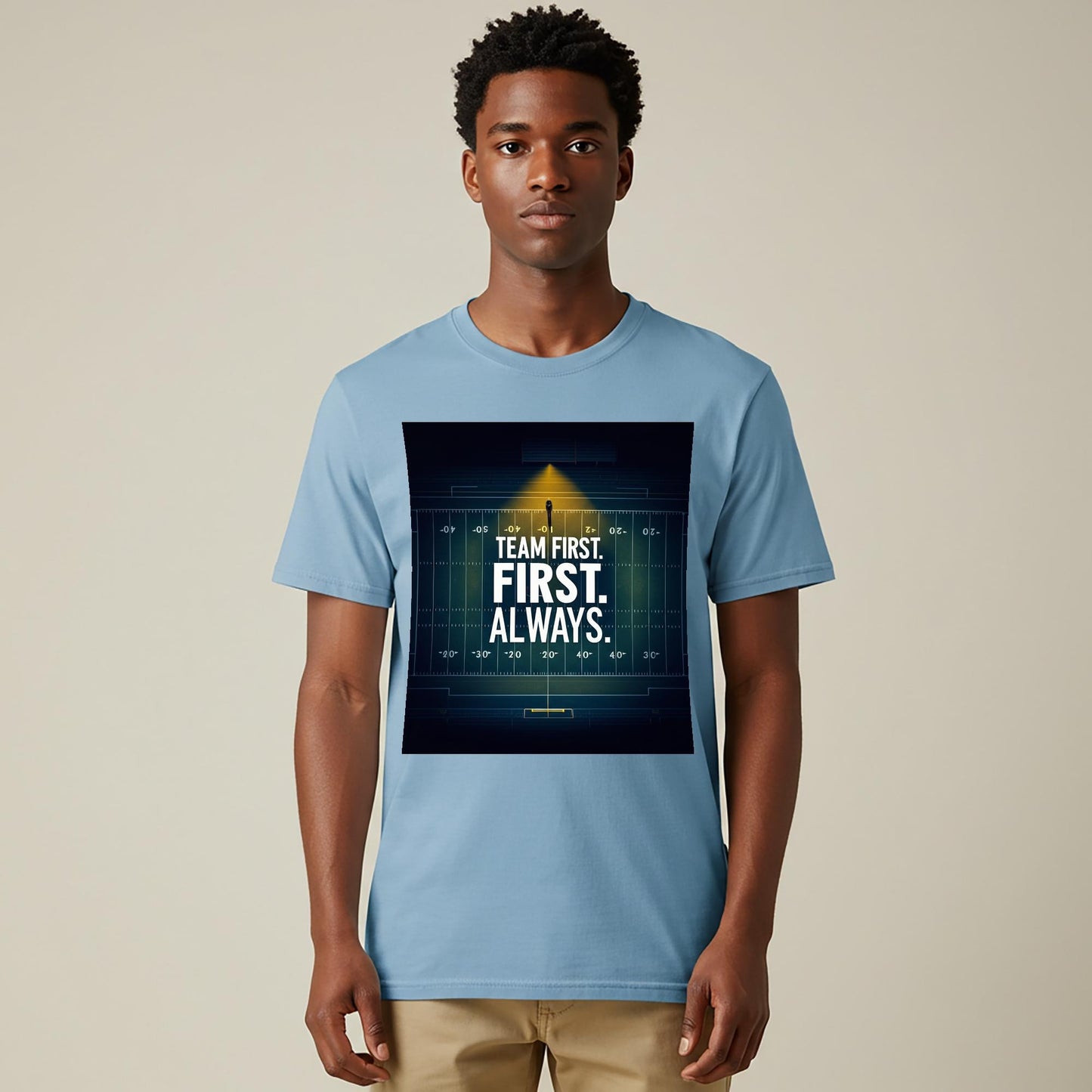 Team First Football T-Shirt | Motivational Sports Tee | Garment-Dyed Unisex Apparel | American Football Field Design | Leadership Gift
