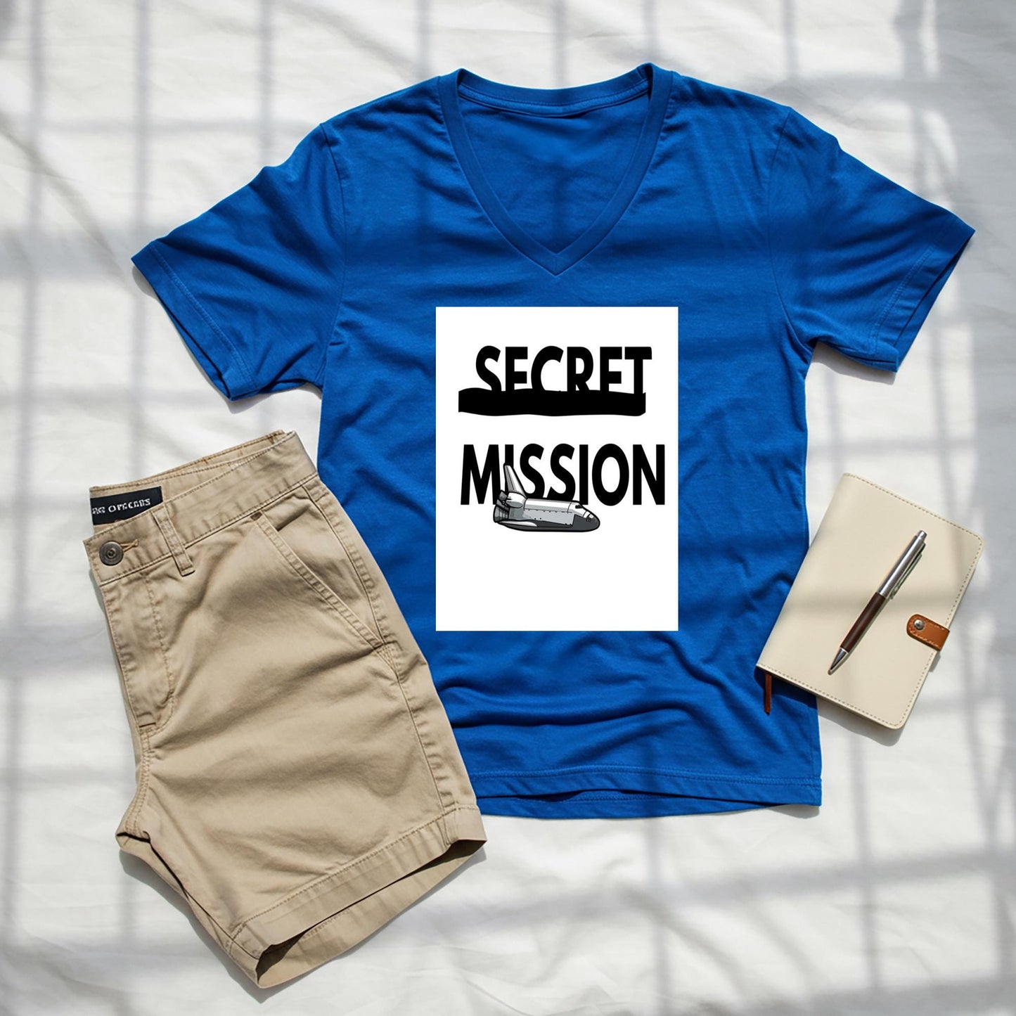 Secret Mission Space Shuttle V-Neck Tee | Unisex Graphic T-Shirt | Sci-Fi Adventure Apparel | Astronaut Gift for Space Lovers & Fans