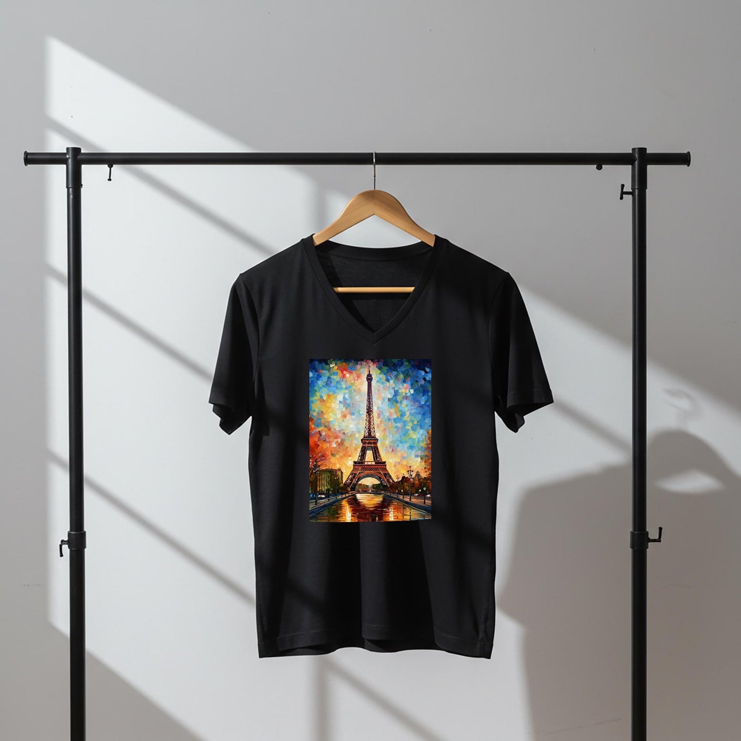 Vibrant Eiffel Tower V-Neck Tee | Impressionist Paris Art Shirt | Autumn Cityscape Graphic | Romantic Travel Apparel | Artistic Unisex Top