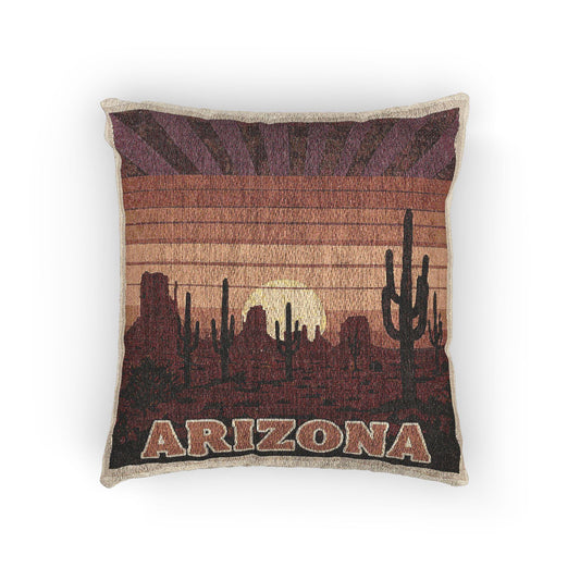 Arizona Desert Sunset Woven Throw Pillow - Vintage Southwestern Home Decor with Cactus & Retro Sun