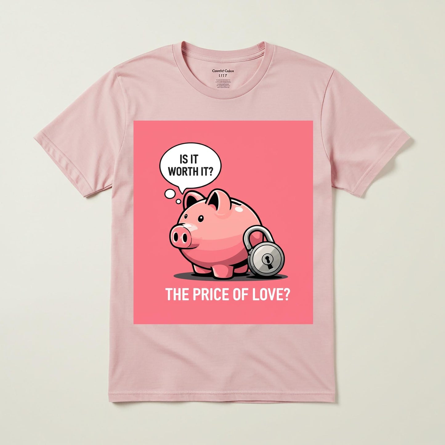 Unisex Garment-Dyed T-shirt with Witty Piggy Bank Design | Ironic Love & Money Graphic Tee | Thought-Provoking Relationship Humor Shirt