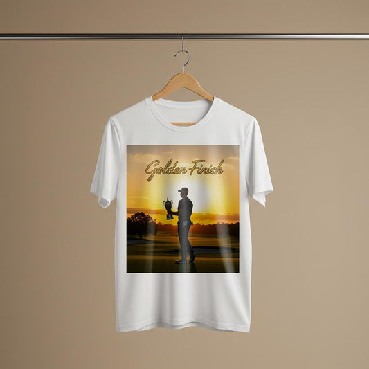 Golden Finish Golf T-Shirt | Triumphant Golfer Sunset Tee | Victory Achievement Apparel | Inspirational Sports Fan Gift for Him Her