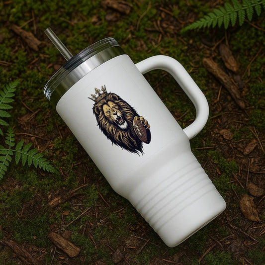 40oz Insulated Travel Mug with Crowned Lion Football Design | Regal Sports Fan Tumbler | Game Day Essential | Powerful King Lion Mascot Gift