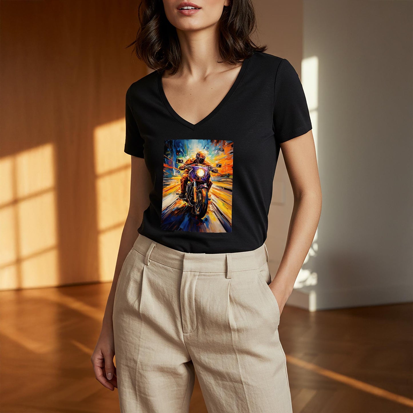 Unisex V-Neck Tee with Abstract Motorcycle Art | Dynamic Rider Speed Design | Vibrant Expressionist Biker Shirt | Unique Gift for Riders