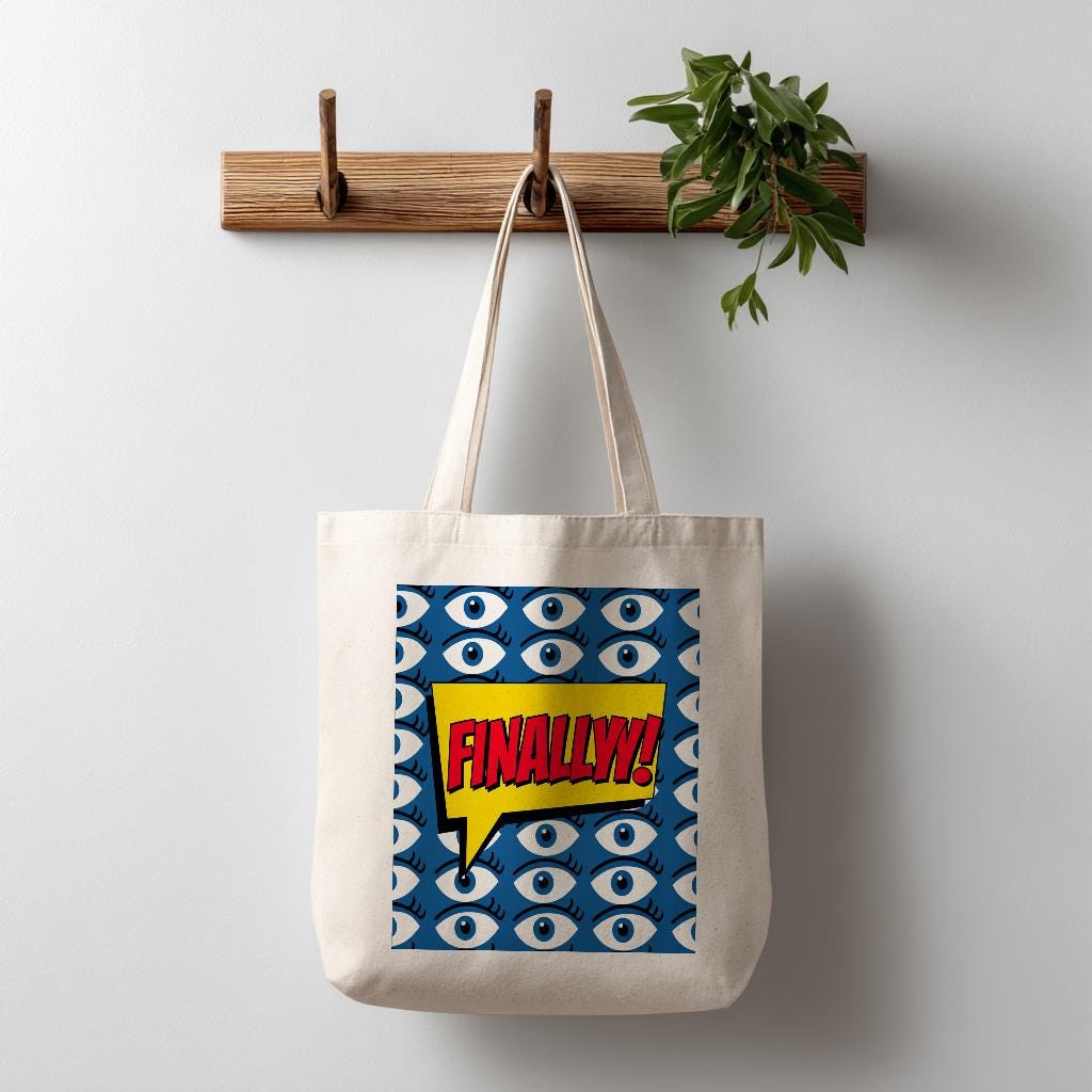 Pop Art FINALLY Tote Bag | Cotton Canvas Shoulder Bag with Stylized Eye Design | Comic Book Style Statement Accessory | Unique Gift Idea
