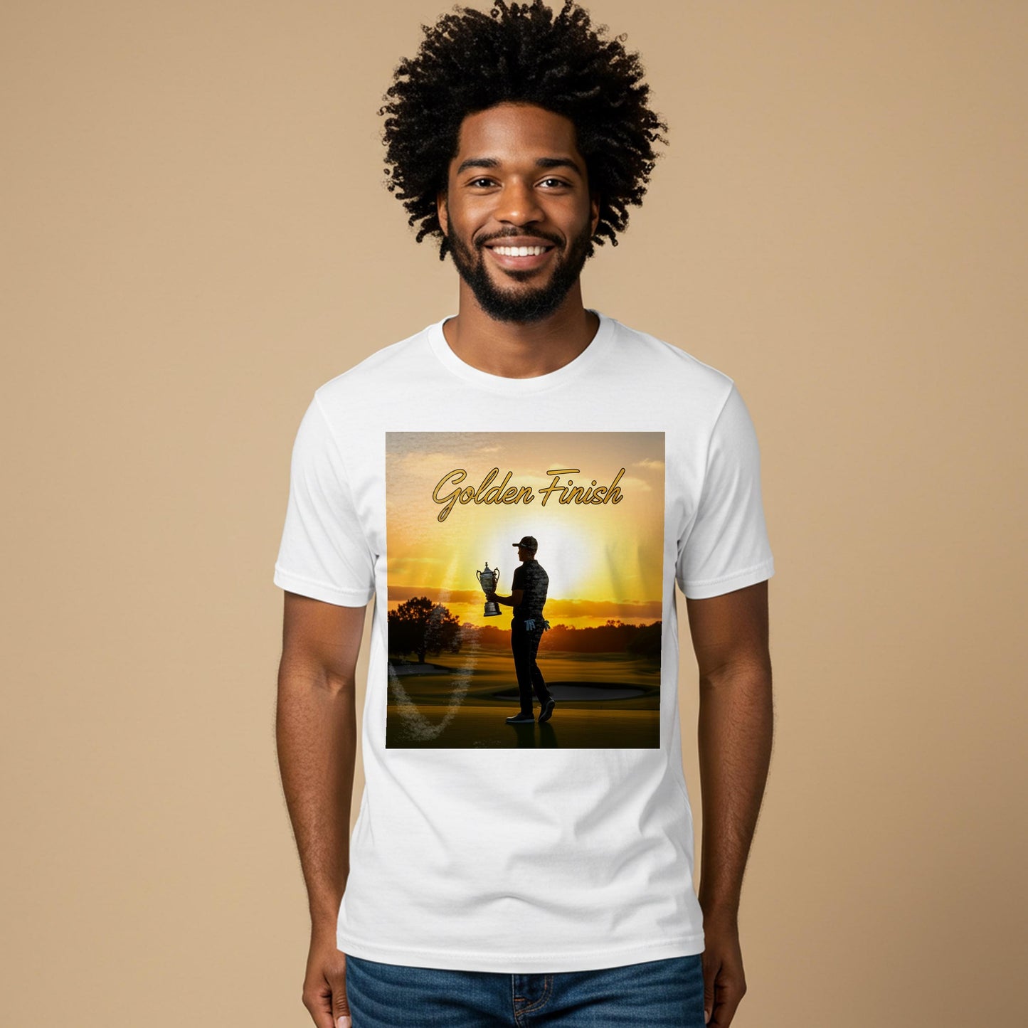 Golden Finish Golf T-Shirt | Triumphant Golfer Sunset Tee | Victory Achievement Apparel | Inspirational Sports Fan Gift for Him Her