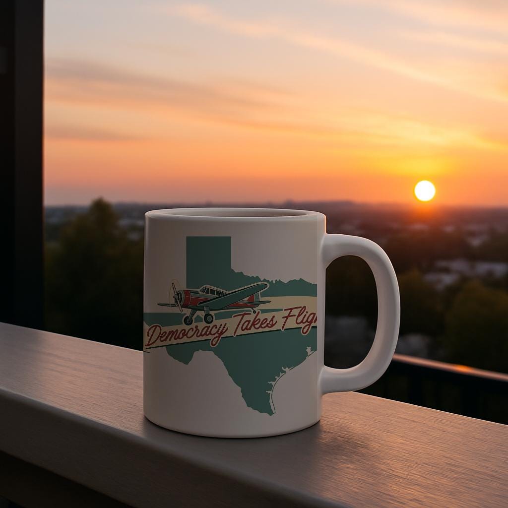 Texas Democracy Takes Flight Mug Vintage Airplane Patriotic Retro Aviation Gift Texas State Pride American Freedom Liberty Map Art