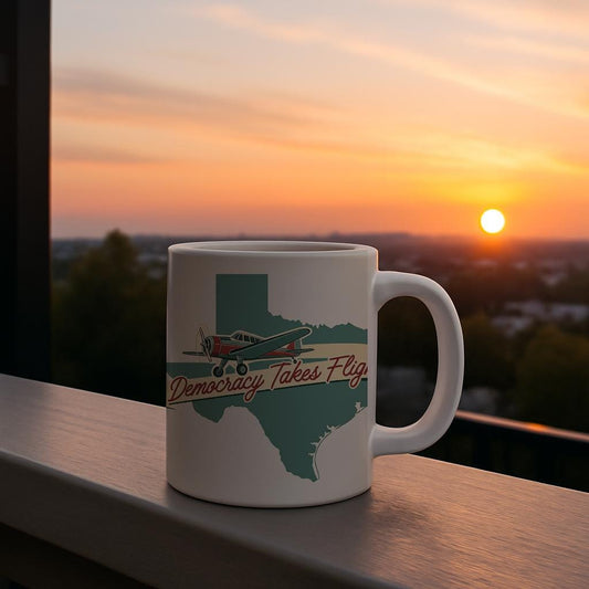 Texas Democracy Takes Flight Mug Vintage Airplane Patriotic Retro Aviation Gift Texas State Pride American Freedom Liberty Map Art