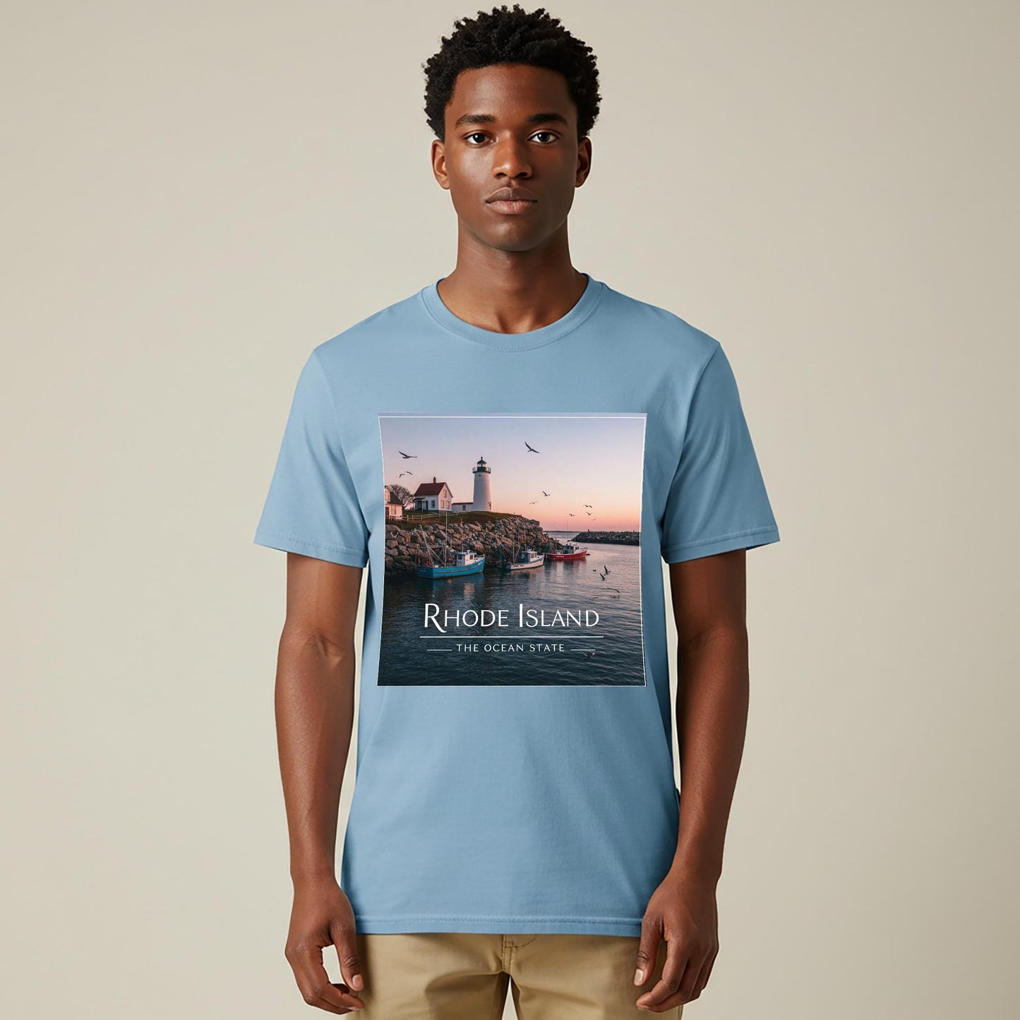 Rhode Island Ocean State Tee | Coastal Lighthouse Garment Dyed Unisex T-Shirt | Nautical New England Souvenir | Scenic Seascape Apparel