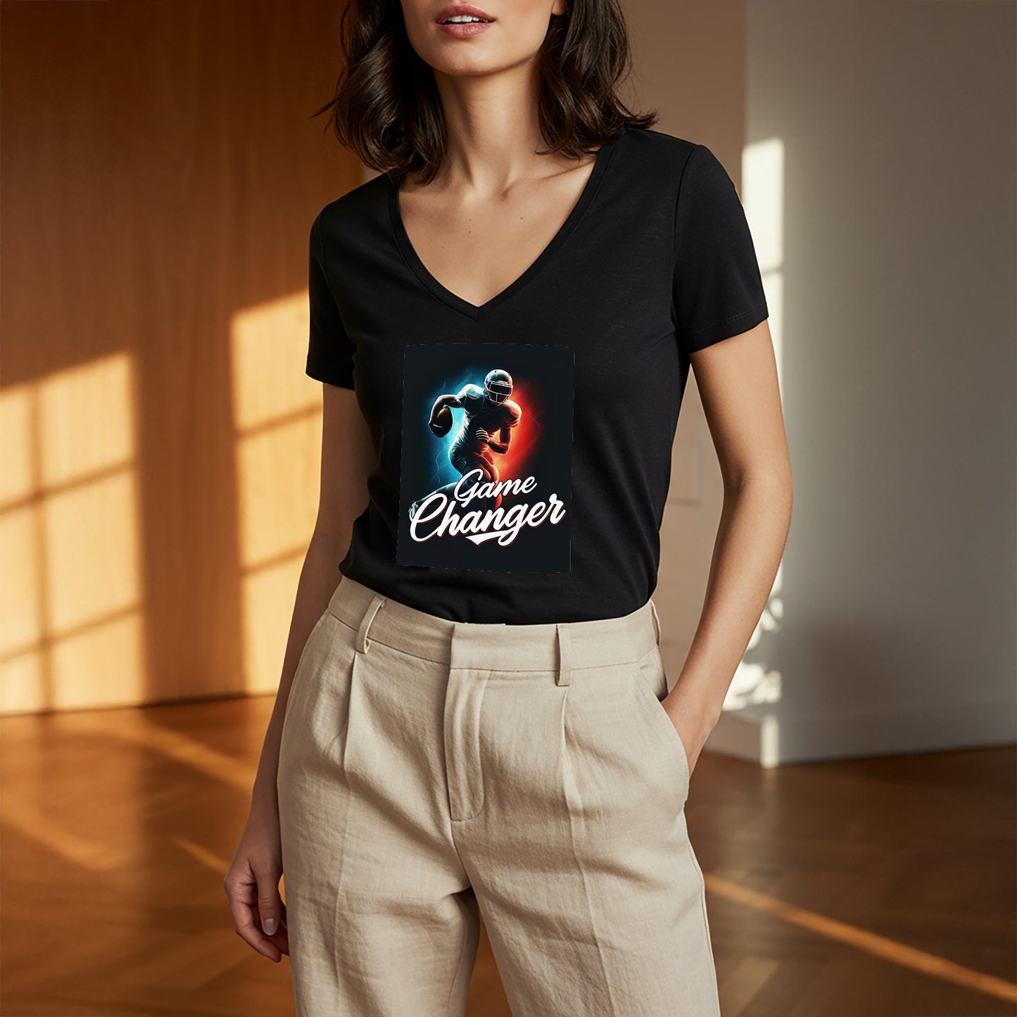 Game Changer American Football V-Neck Tee | Dynamic Player Graphic Shirt | Sports Fan Apparel | Athletic Motivation Gift for Him or Her