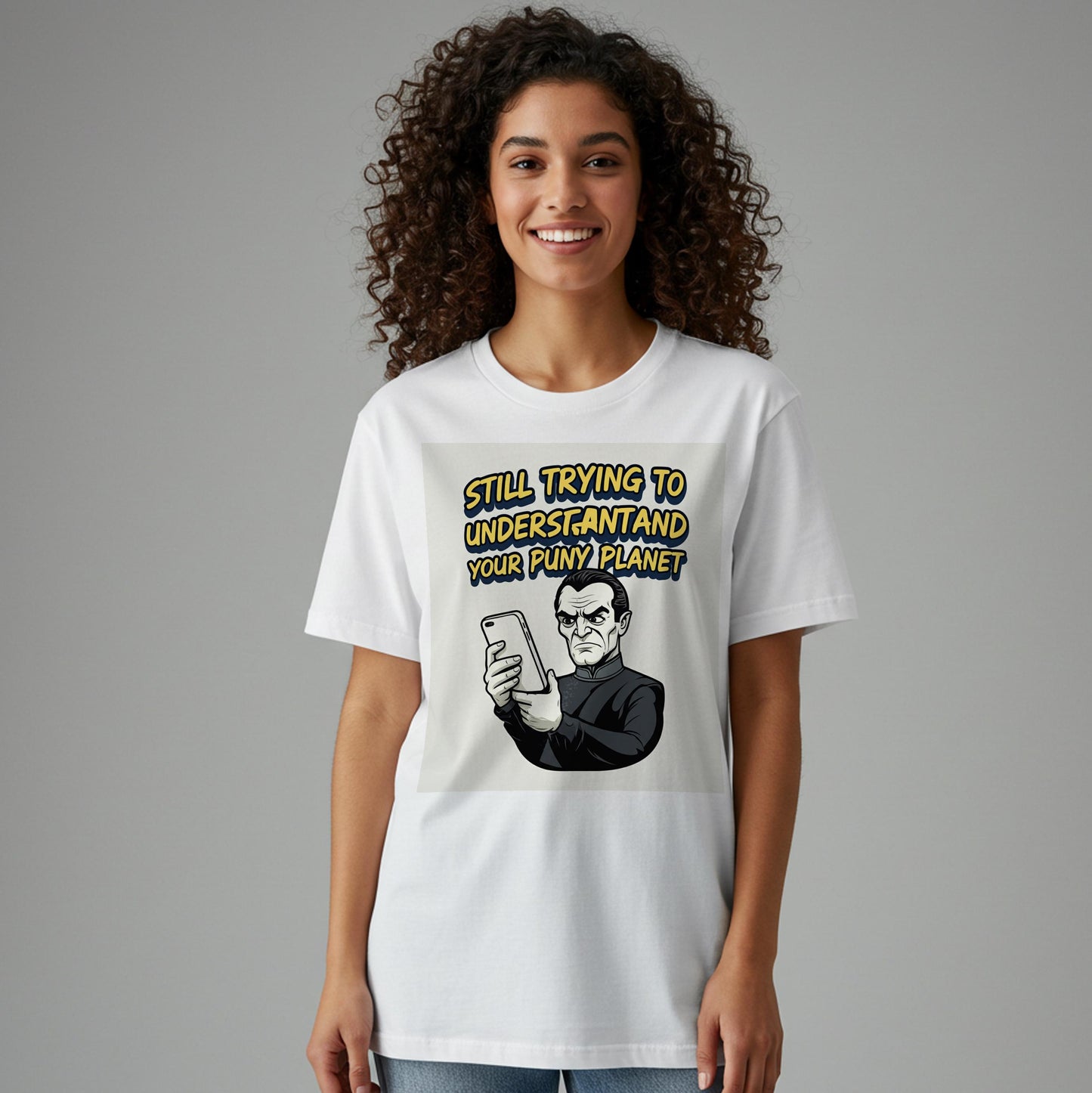Still Trying To Understand Your Puny Planet Alien T-Shirt | Funny Sci-Fi Humor Tee | Retro Comic Style Unisex Garment-Dyed Shirt Gift