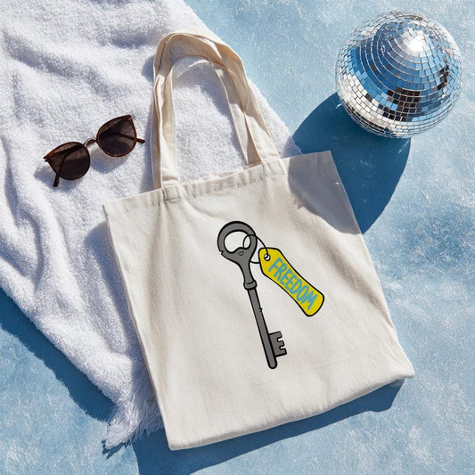 Freedom Key Tote Bag, Liberty Empowerment Canvas Tote, Positive Message Motivational Bag, Whimsical Cartoon Design, Reusable Gift.