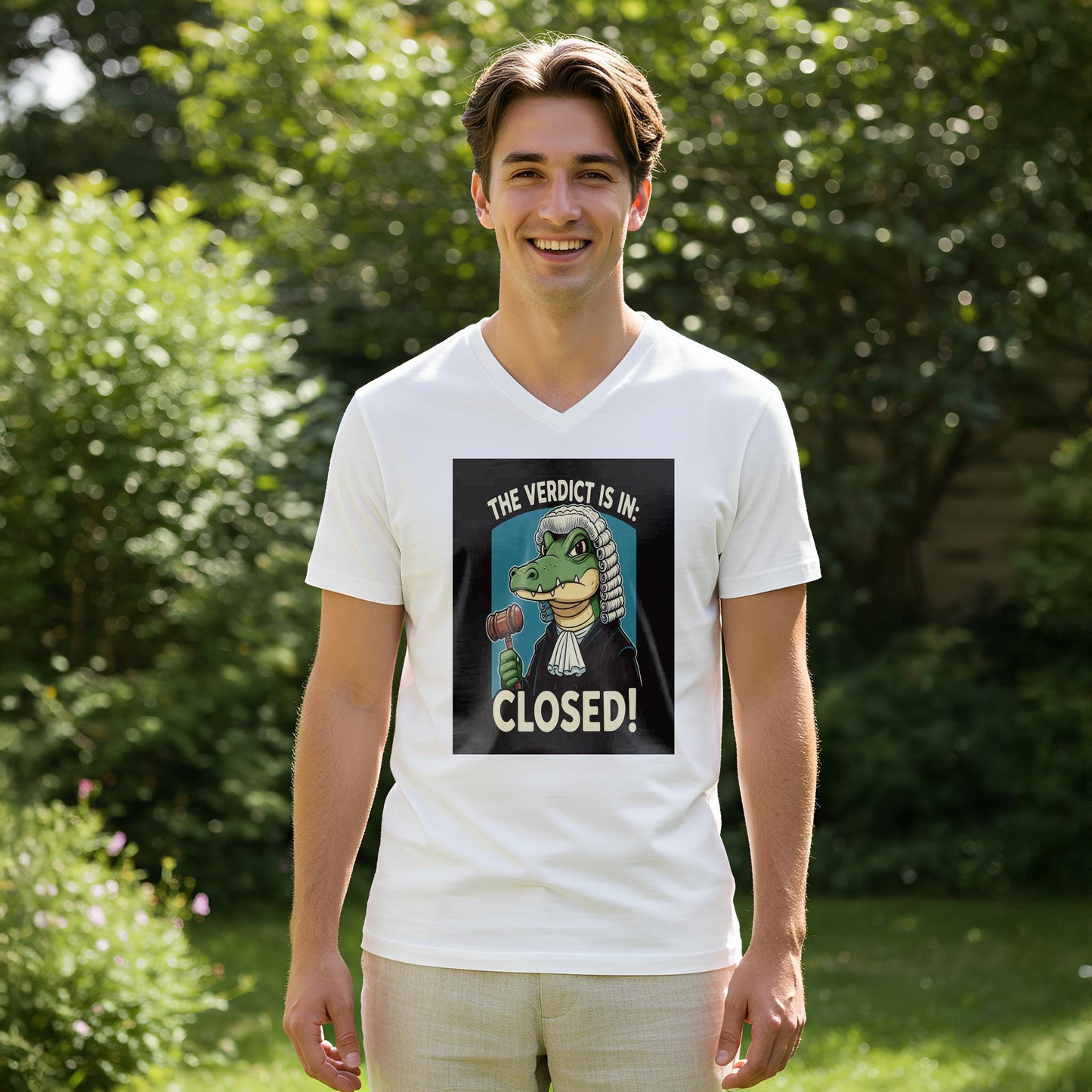 Gavel Gator Judge Tee | Funny Lawyer Gift | Verdict Closed Shirt | Case Closed Legal Humor Apparel | Witty Law Student | Unisex V-Neck