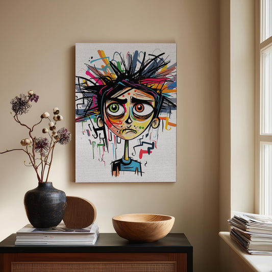 Emotional Whirlwind Canvas Print | Overwhelmed Character Art | Pop Surrealism Wall Decor | Mental Health Awareness Gift | Unique Dorm Art