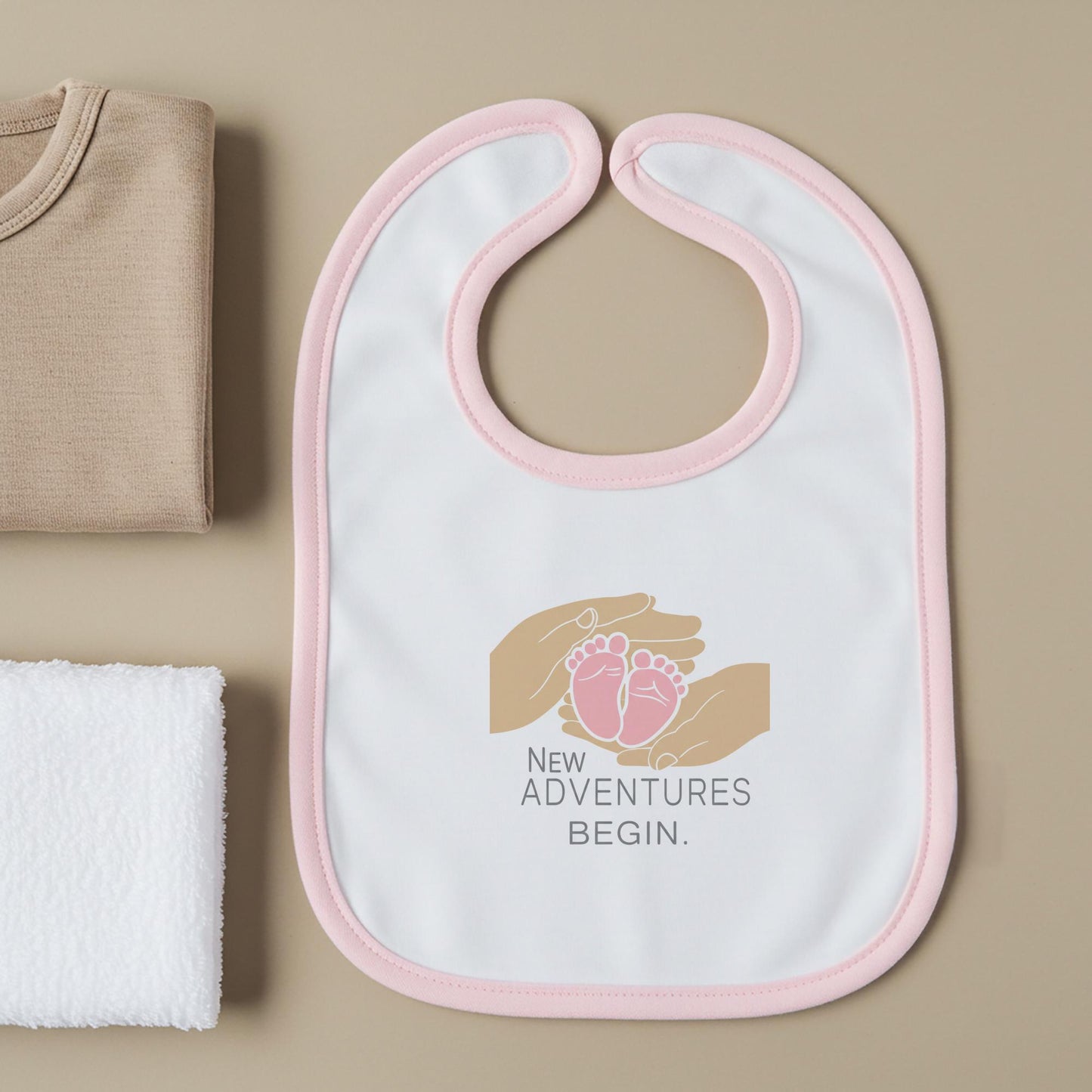 New Adventures Begin Baby Bib | Minimalist Baby Feet Design | Newborn Gift for Expecting Parents | Sweet Tender Baby Girl Jersey Bib