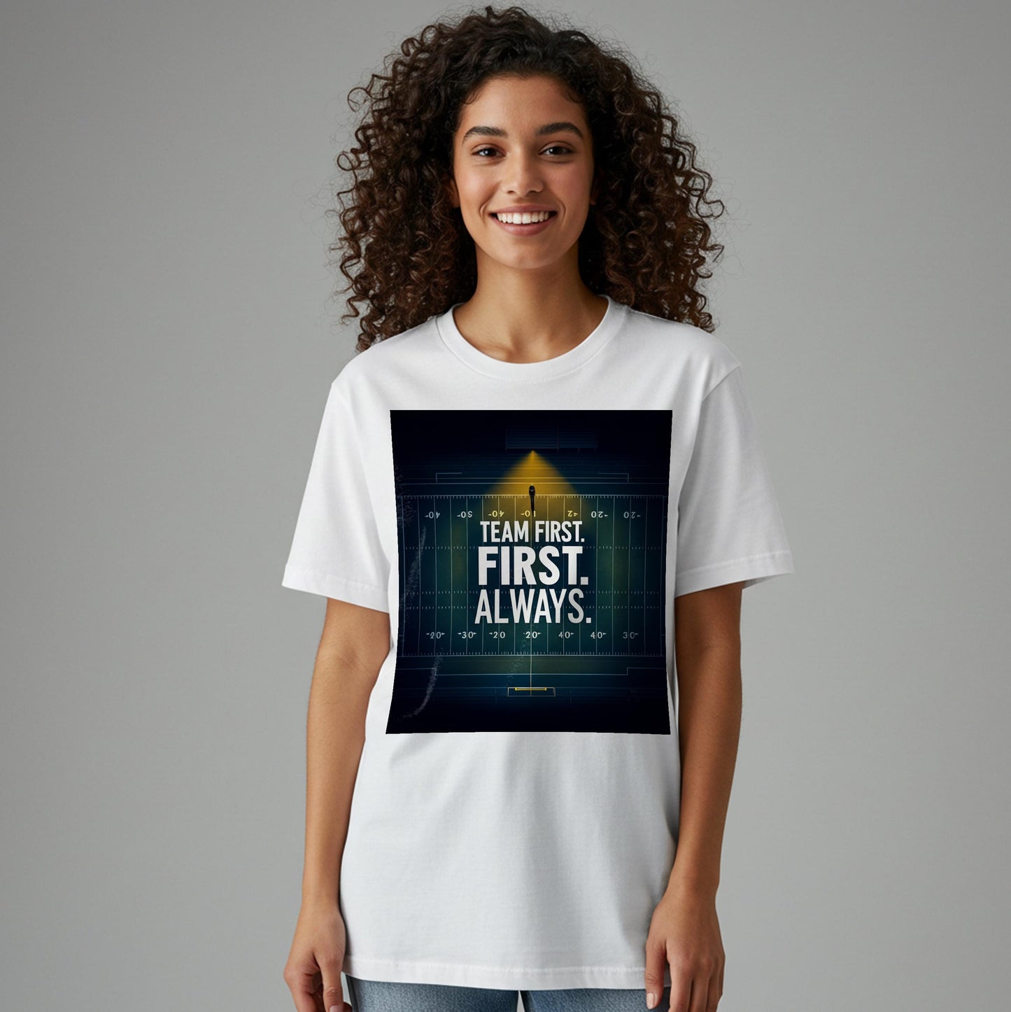 Team First Football T-Shirt | Motivational Sports Tee | Garment-Dyed Unisex Apparel | American Football Field Design | Leadership Gift