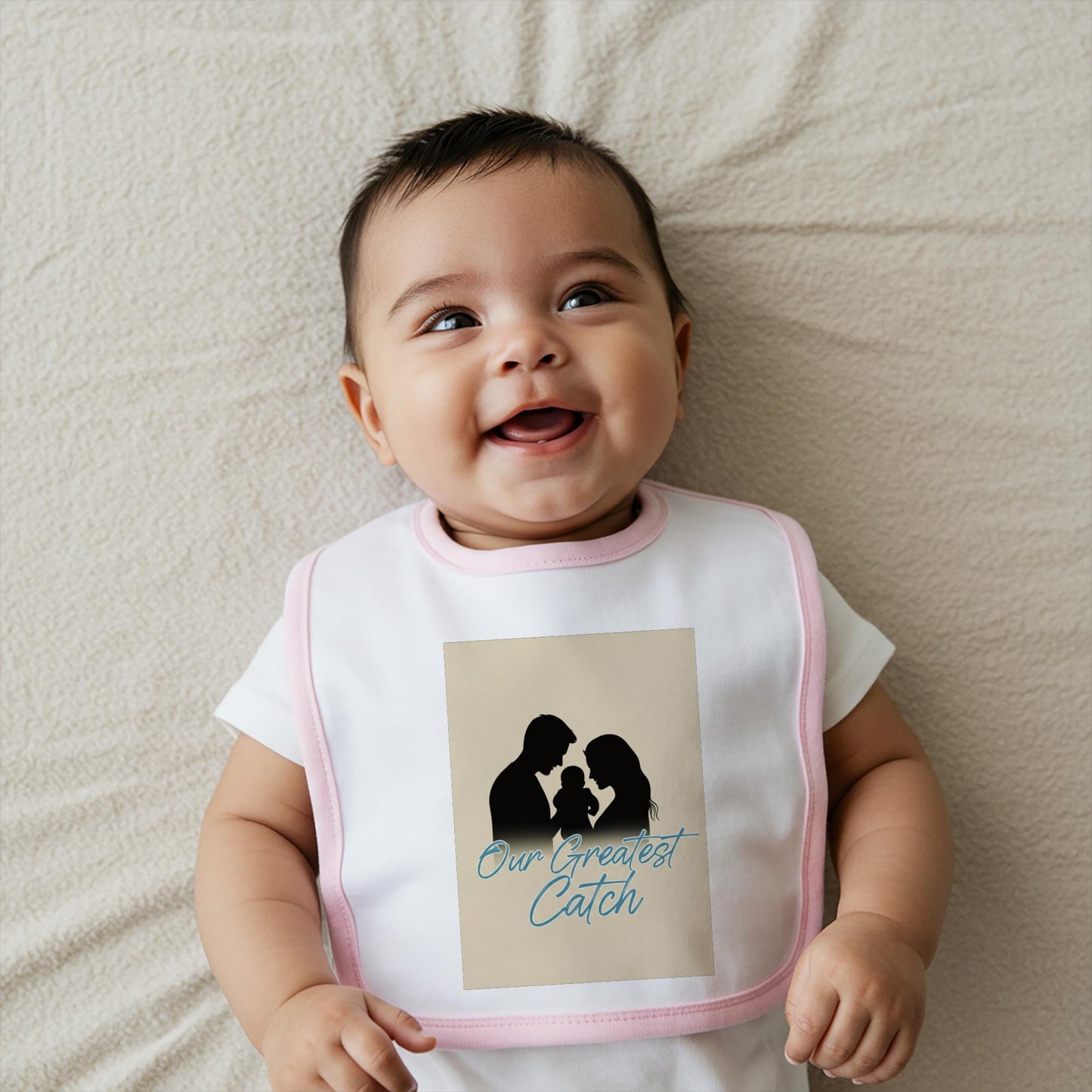 Our Greatest Catch Baby Bib | Sentimental Family Silhouette Newborn Bib | New Parent Gift | Baby Shower Present | Mom Dad Baby Art