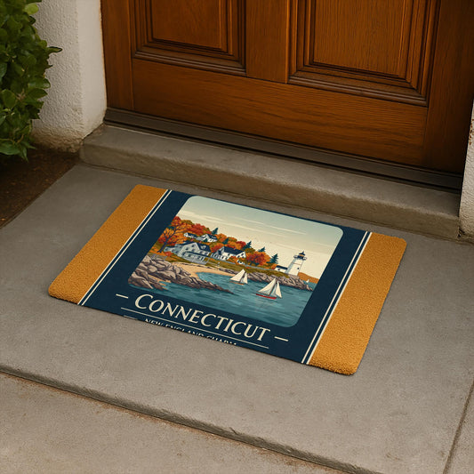 Connecticut Coastal Doormat | New England Lighthouse Welcome Mat | Autumn Sailboat Entryway Decor | Vintage Travel Art Housewarming Gift