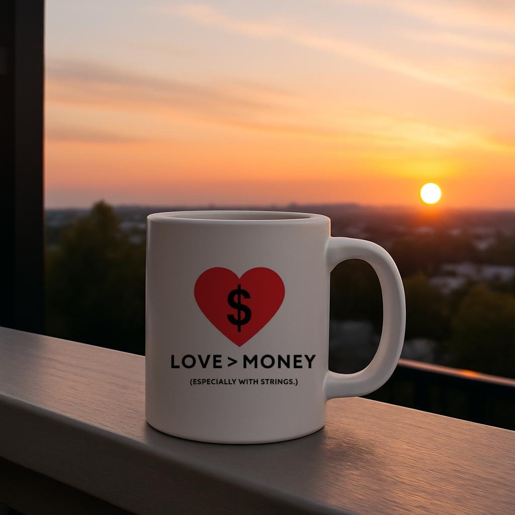 Love Over Money Mug | Witty Statement Coffee Cup | Anti Materialism Heart Design | Principled Values Driven Gift | Unique Independent Spirit