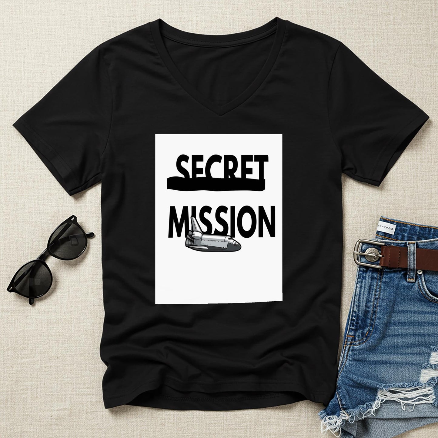 Secret Mission Space Shuttle V-Neck Tee | Unisex Graphic T-Shirt | Sci-Fi Adventure Apparel | Astronaut Gift for Space Lovers & Fans