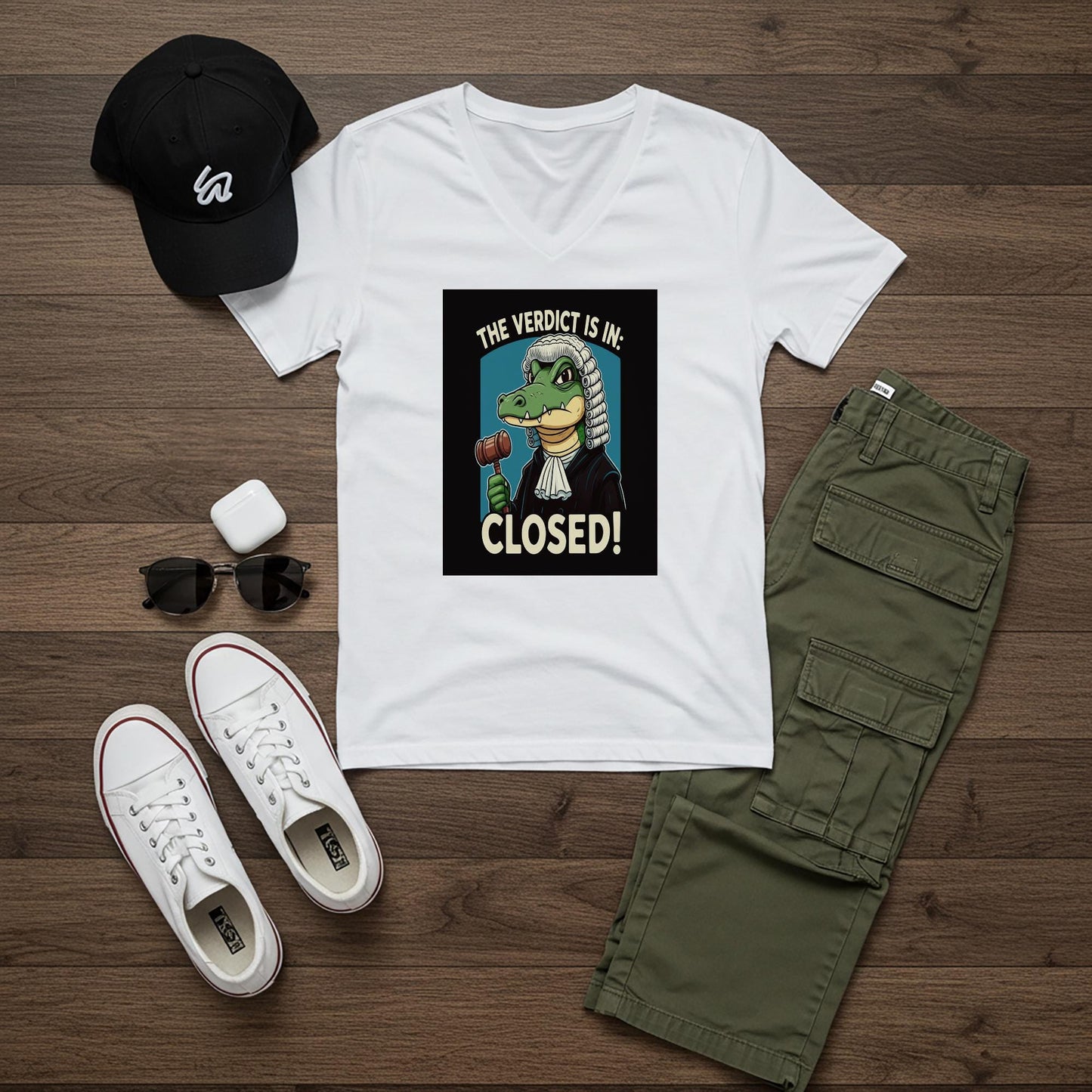 Gavel Gator Judge Tee | Funny Lawyer Gift | Verdict Closed Shirt | Case Closed Legal Humor Apparel | Witty Law Student | Unisex V-Neck