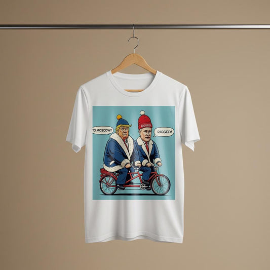 Unisex Garment-Dyed T-shirt with Funny Trump Putin Tandem Bike Political Satire Art. Current Events Humor Tee, Ironic Statement Shirt.