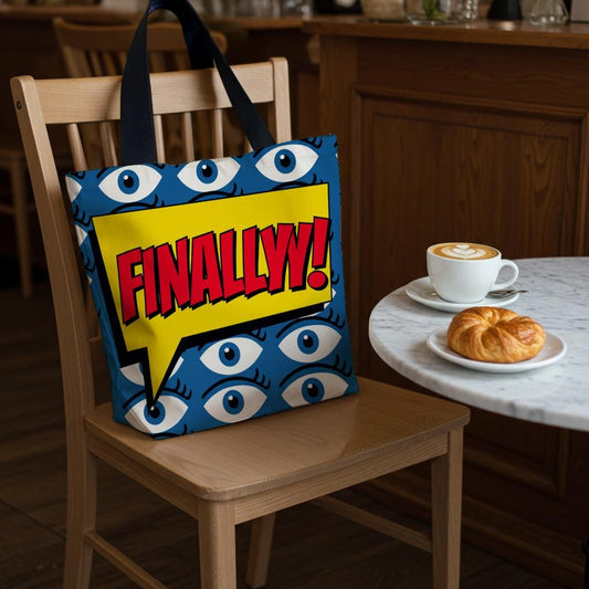 Pop Art Finally Tote Bag with Eye Pattern | Comic Book Style Statement Carryall | Unique Pop Culture Gift for Fans & Expressive Individuals