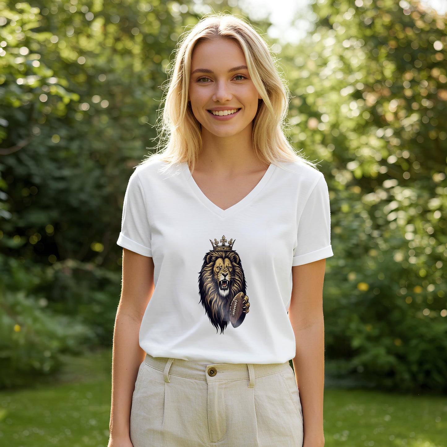 Roaring Lion Football V-Neck Tee | Crowned King Lion Game Day Shirt | Fierce Sports Fan Apparel | Majestic Animal Design Gift for Fans