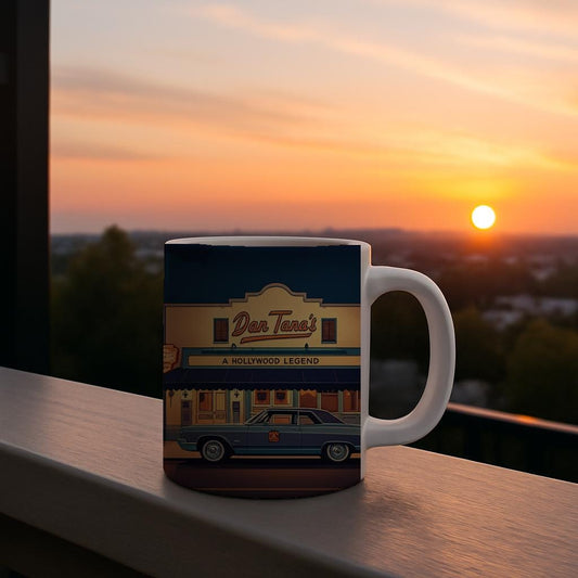 Dan Tana's Hollywood Legend Mug | Vintage Classic Car Coffee Cup | Retro LA Landmark Art Print | Nostalgic Night Scene Gift for Cinephiles