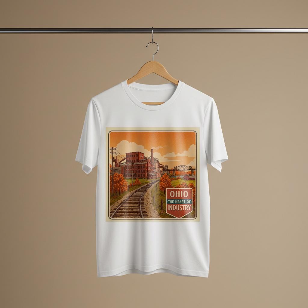 Ohio Heart of Industry Vintage Garment-Dyed T-Shirt | Retro Industrial Heritage Tee | Nostalgic State Pride Gift for Ohio Natives & Fans