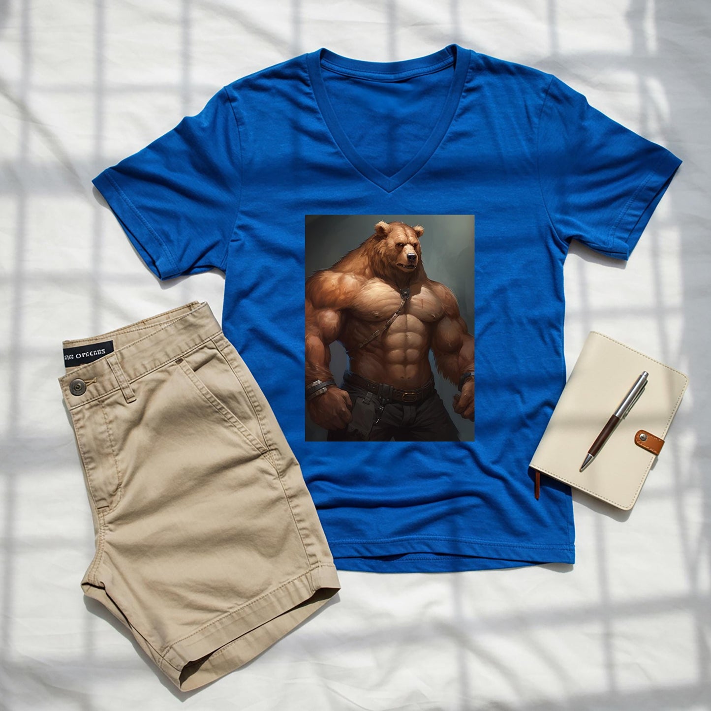 Muscular Anthropomorphic Bear V-Neck Tee | Fantasy Art Graphic Shirt | Power Symbol Apparel | Rugged Style Unisex Top for Bear Community