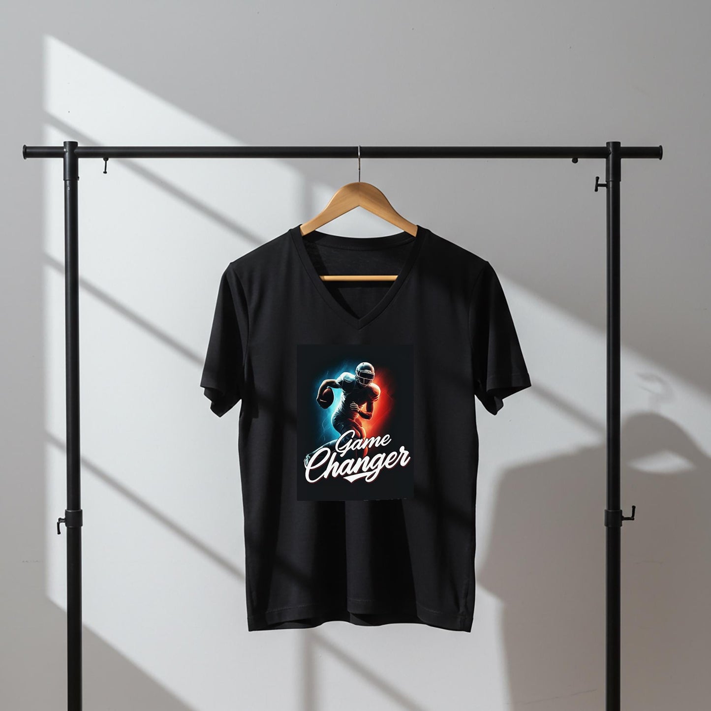 Game Changer American Football V-Neck Tee | Dynamic Player Graphic Shirt | Sports Fan Apparel | Athletic Motivation Gift for Him or Her