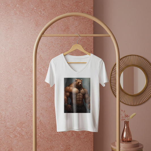 Muscular Anthropomorphic Bear V-Neck Tee | Fantasy Art Graphic Shirt | Power Symbol Apparel | Rugged Style Unisex Top for Bear Community