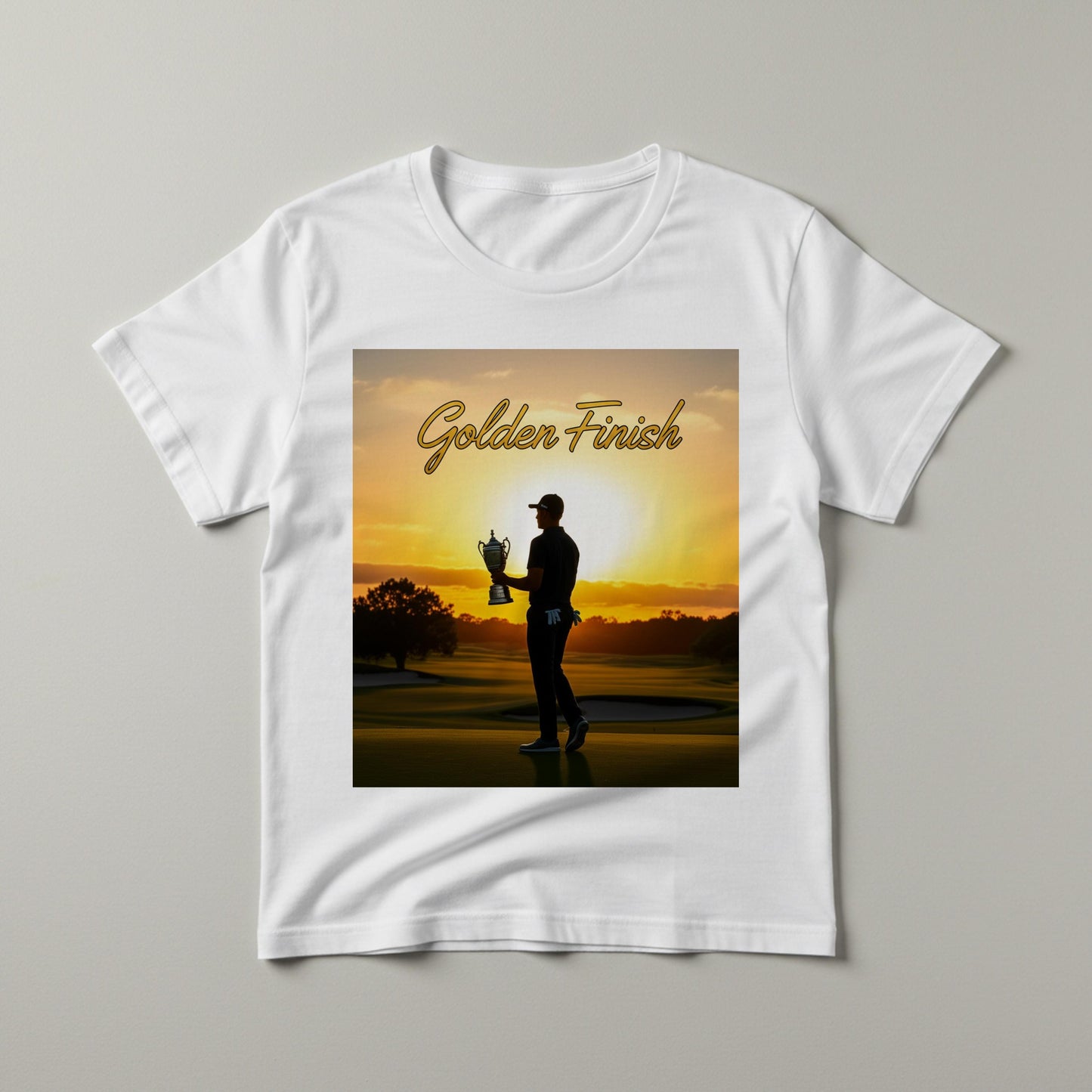 Golden Finish Golf T-Shirt | Triumphant Golfer Sunset Tee | Victory Achievement Apparel | Inspirational Sports Fan Gift for Him Her