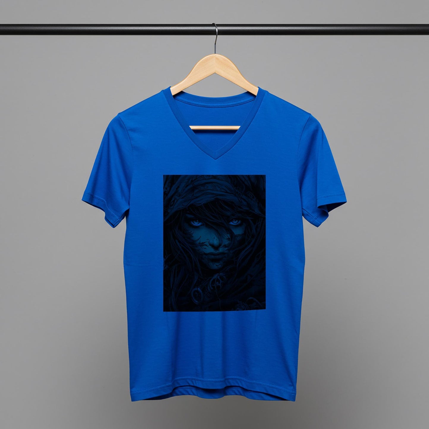Rebel Spirit V-Neck Tee | Warrior Woman Graphic Shirt | Defiant Female Art | Dark Fantasy Cyberpunk Apparel | Intense Eyes Comic Style Top