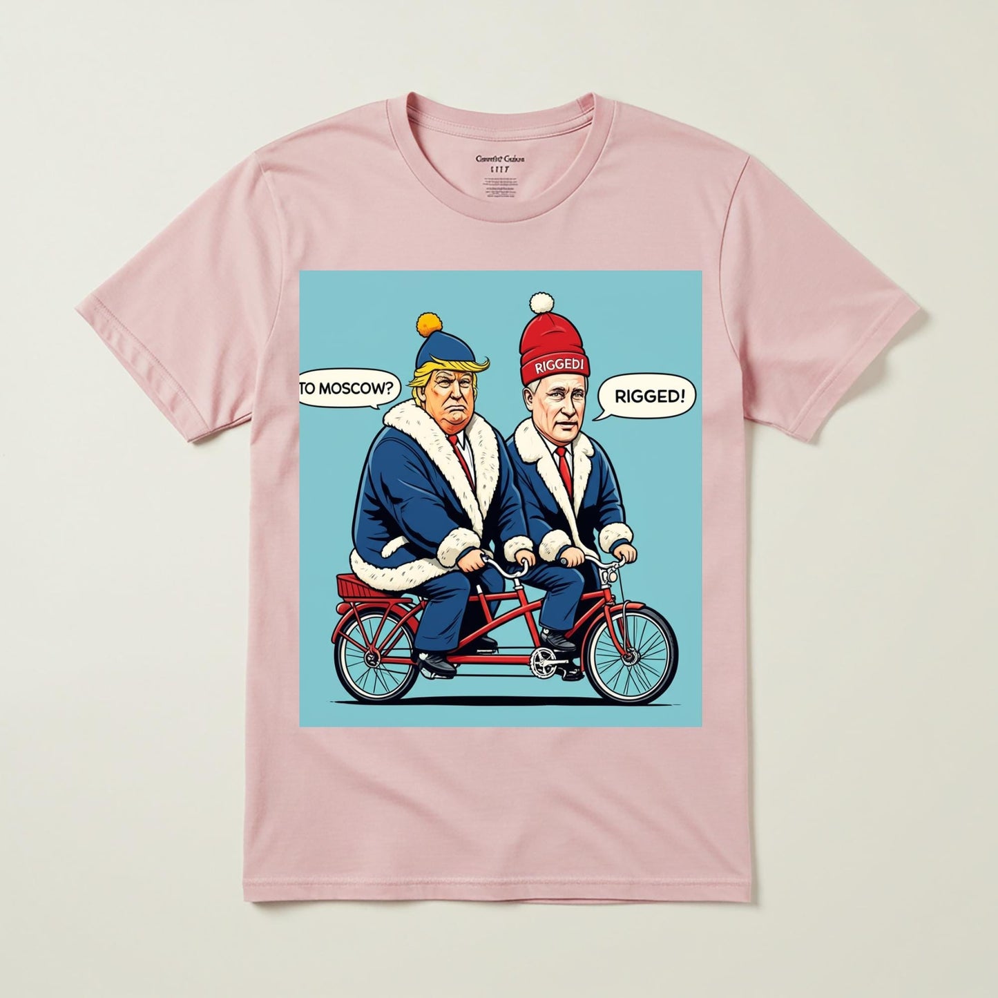 Unisex Garment-Dyed T-shirt with Funny Trump Putin Tandem Bike Political Satire Art. Current Events Humor Tee, Ironic Statement Shirt.