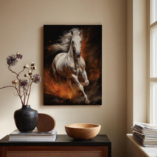 Majestic White Horse Canvas Print, Fiery Gallop Wall Art, Dynamic Equestrian Decor, Powerful Animal Painting, Fantasy Horse Lover Gift