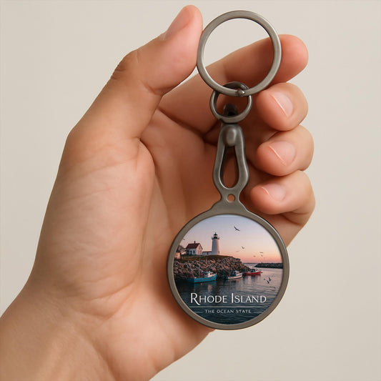 Rhode Island Keyring Tag | Ocean State Lighthouse Keychain | Coastal Nautical Fishing Boat Sunset Ocean New England Souvenir Gift Durable