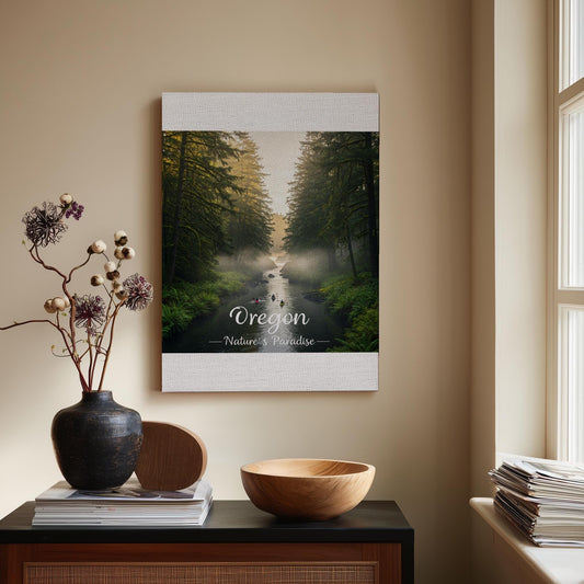 Oregon Nature's Paradise Canvas Print | Misty Forest River Kayaking Wall Art | Pacific Northwest Landscape Decor | Tranquil Home Gift