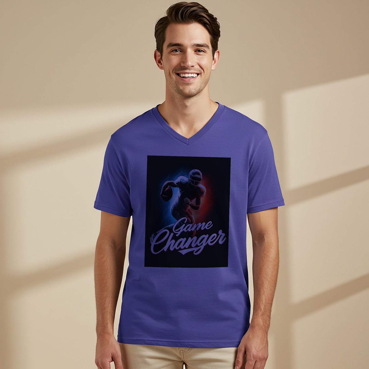 Game Changer American Football V-Neck Tee | Dynamic Player Graphic Shirt | Sports Fan Apparel | Athletic Motivation Gift for Him or Her