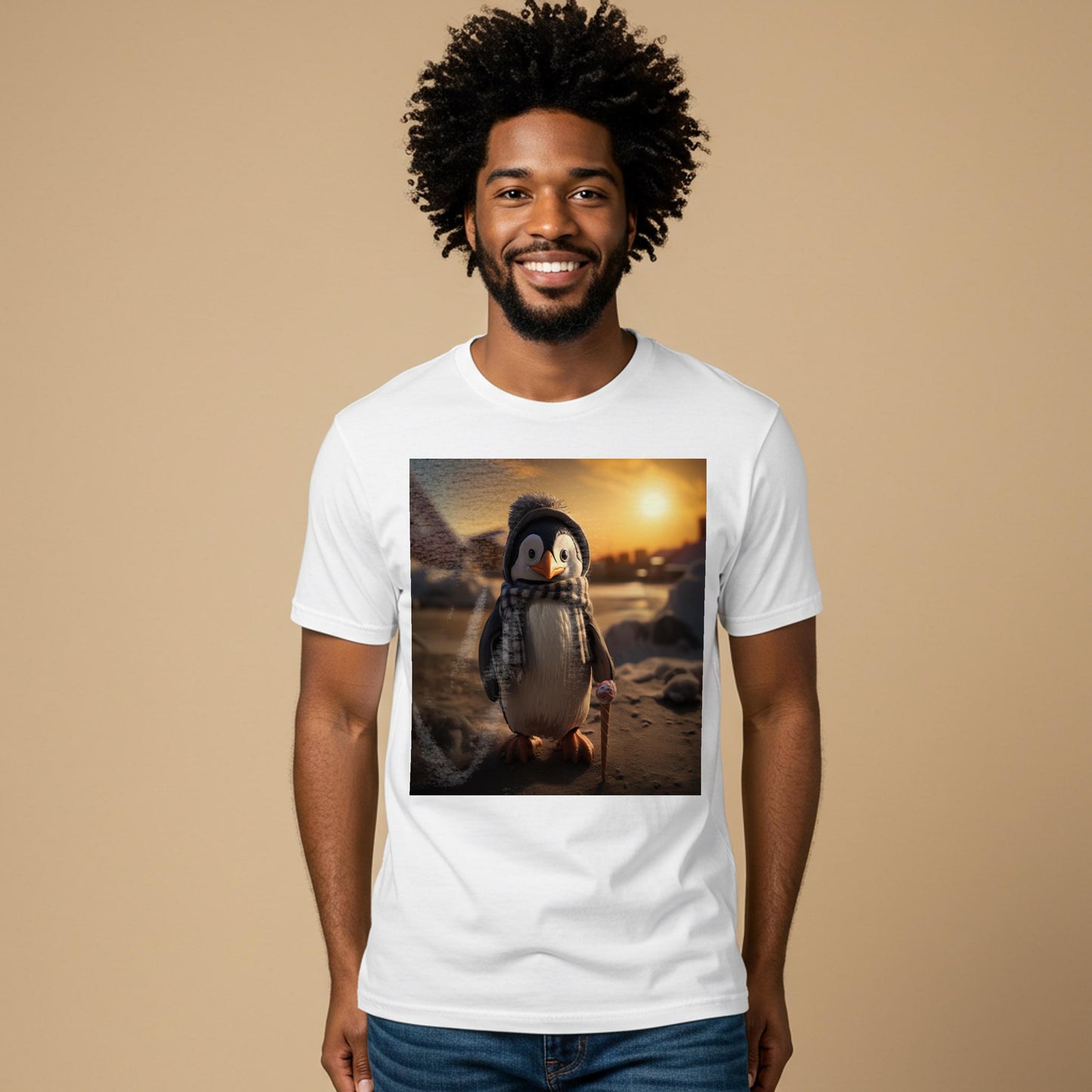 Cozy Penguin Garment-Dyed T-shirt | Whimsical Winter Animal Graphic Tee | Cute Ice Cream Penguin Shirt | Unique Sunset Design Gift Idea