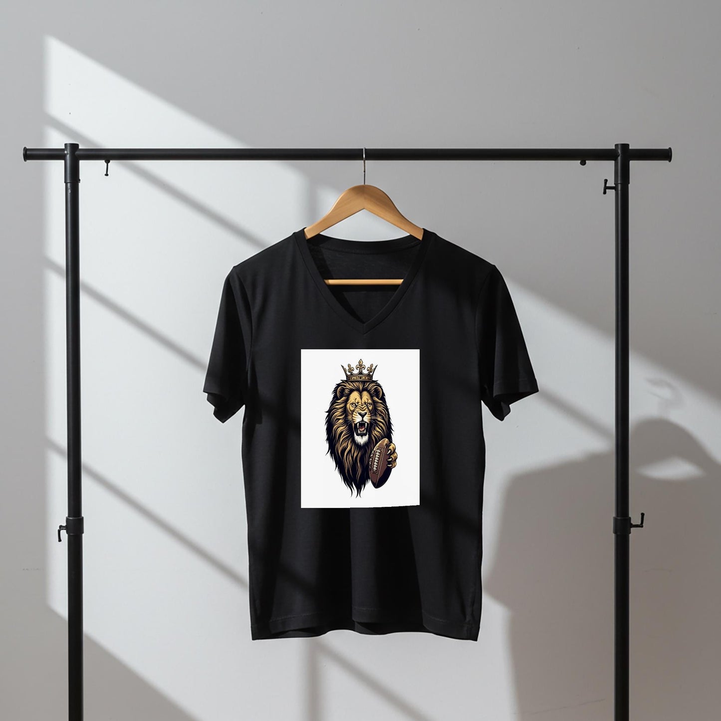 Roaring Lion Football V-Neck Tee | Crowned King Lion Game Day Shirt | Fierce Sports Fan Apparel | Majestic Animal Design Gift for Fans