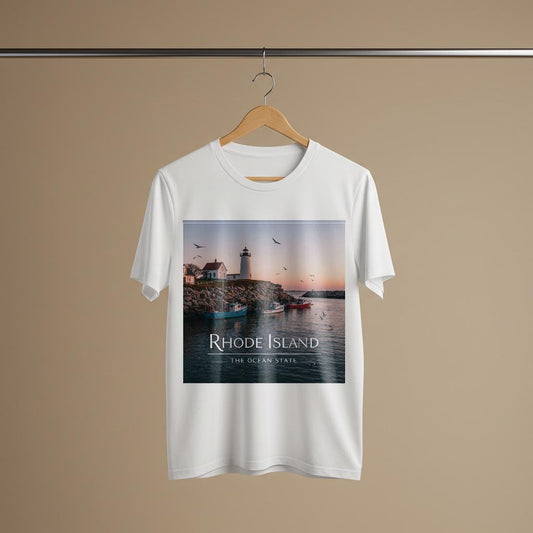 Rhode Island Ocean State Tee | Coastal Lighthouse Garment Dyed Unisex T-Shirt | Nautical New England Souvenir | Scenic Seascape Apparel
