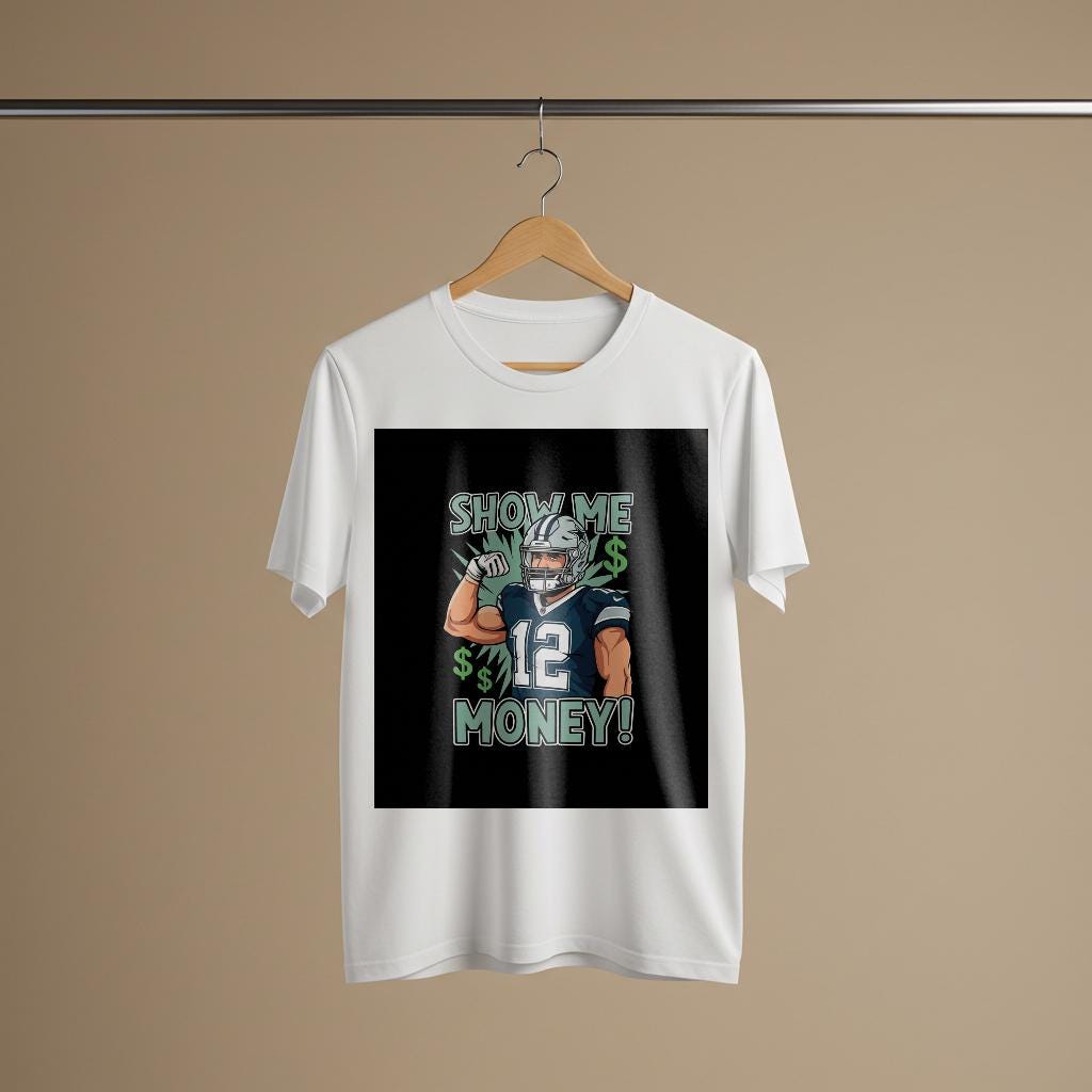 Show Me Money Football T-Shirt | Number 12 Player Tee | Sports Graphic Apparel | Unisex Garment-Dyed Shirt | Game Day Outfit | Fan Gift
