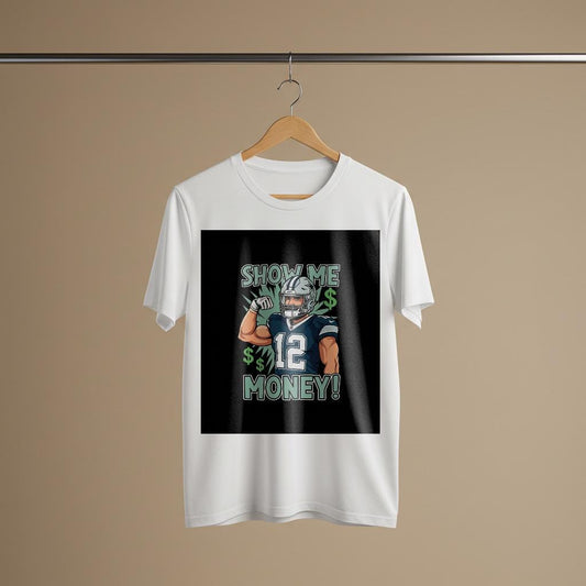 Show Me Money Football T-Shirt | Number 12 Player Tee | Sports Graphic Apparel | Unisex Garment-Dyed Shirt | Game Day Outfit | Fan Gift