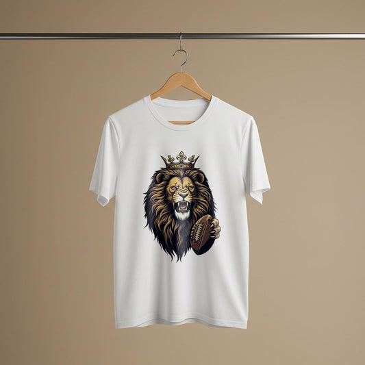 Royal Roar Lion Football T-Shirt | Crowned King Lion Tee | Fierce Sports Fan Apparel | Game Day Gift for Men & Unisex Wear | Bold Design
