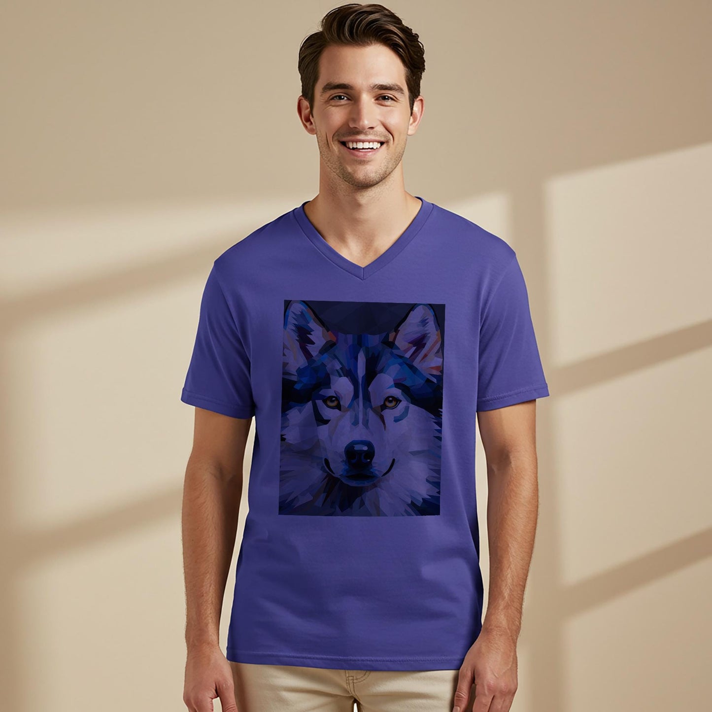 Unisex V-Neck Tee with Geometric Wolf Art | Modern Spirit Animal Shirt | Abstract Wildlife Design | Cool Blue & White Expressive Top